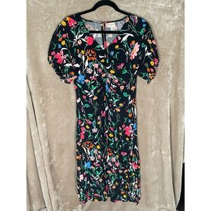 🚀A New‎ Day Floral Midi Dress Puff Sleeve Casual Party Black M